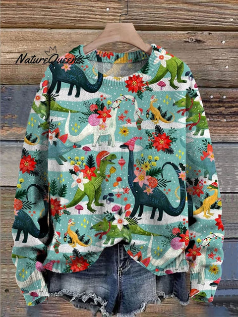 Cute Christmas Dinosaurs Floral Art Pattern Print Casual Knit Pullover Sweater