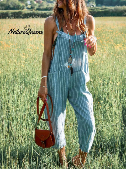 Women's Casual Cotton And Linen Stripe Pattern Printed Jumpsuit