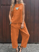 Women’s Tank And Casual Pants Linen Cotton Suit Orange / S