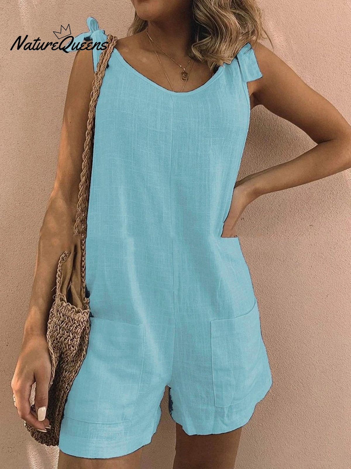 Women’s Cotton Overalls Casual Sleeveless Shorts Romper Jumpsuit Skyblue / S