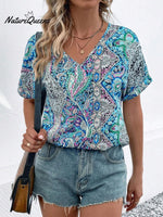 Women’s Casual Bat Sleeve Western Style Trend Printed Loose Top Blue / S