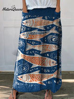 Women's Vintage Lovely Fish Art Print Casual Linen Pocket Skirt