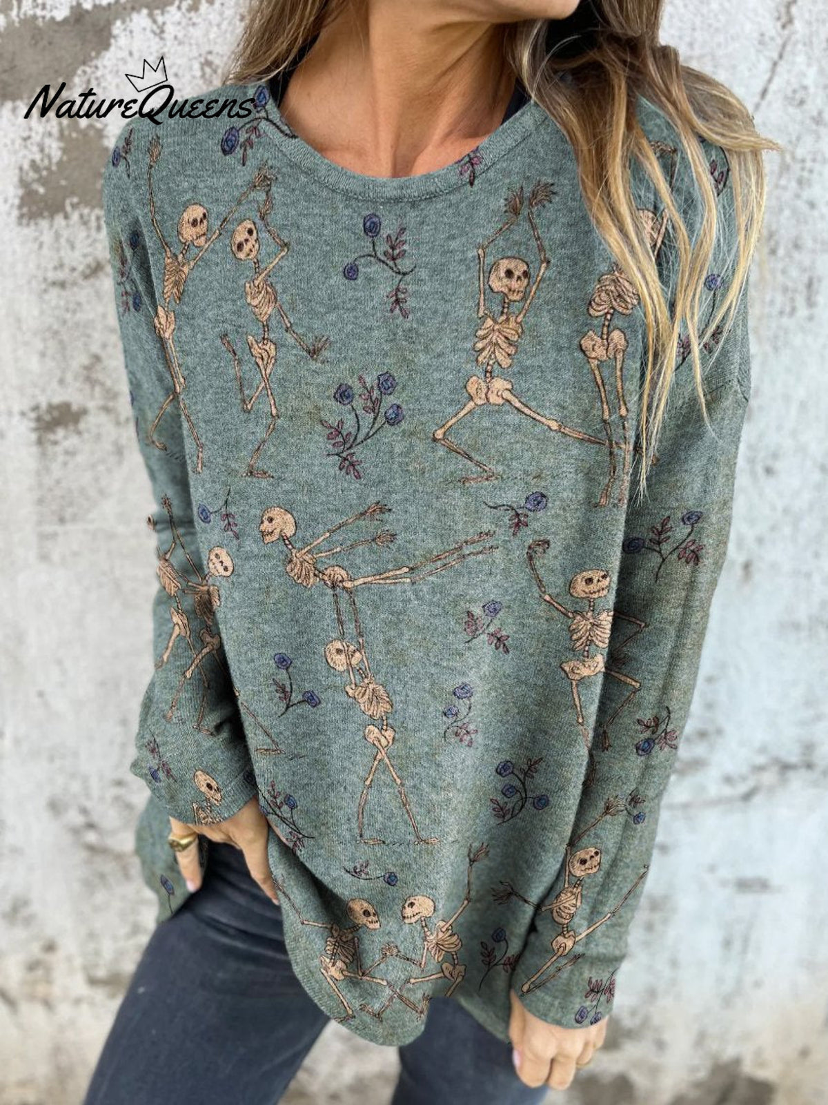 Weird Romantic Skull Pas De Deux Decorative Pattern Button Back Casual Knitted Shirt