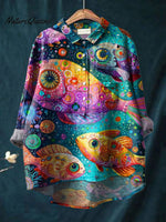 Vintage Lovely Fish Art Print Casual Cotton And Linen Shirt