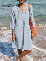 Women's Solid Color Loose Elegant Casual V-neck Pocket Cotton And Linen Dress