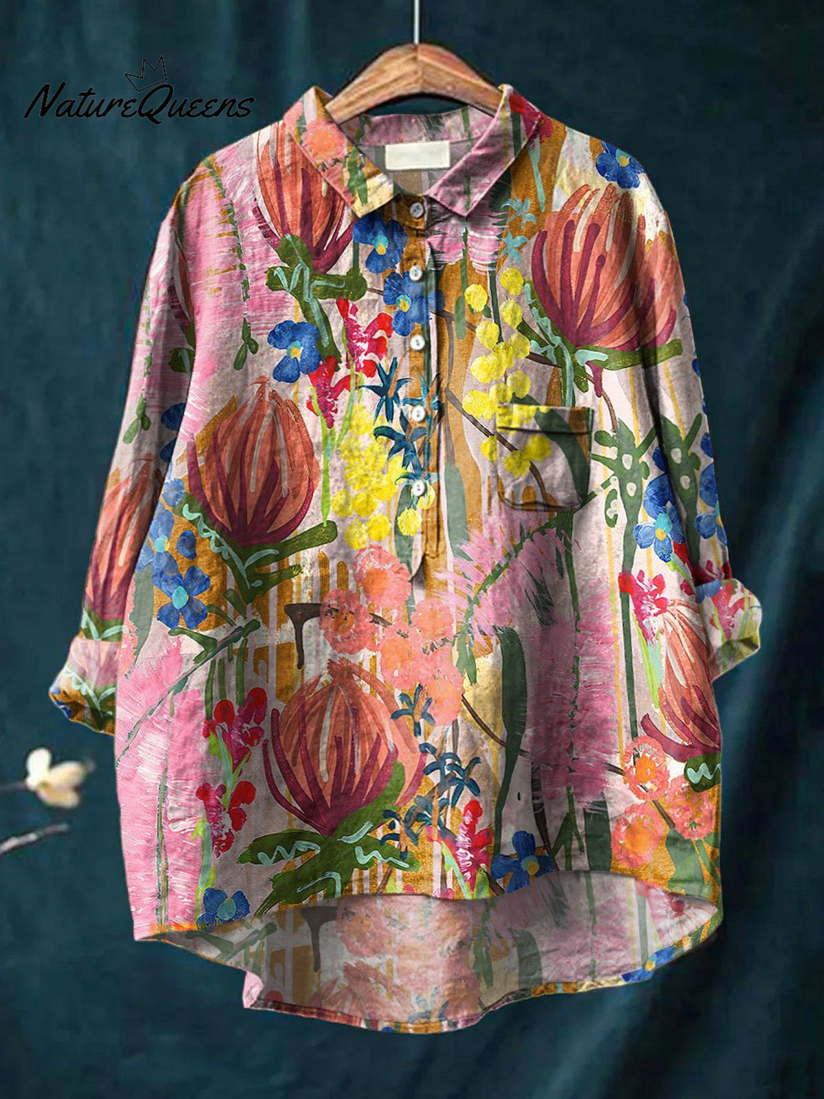 Women's Multicolor Floral Art Print Casual Cotton And Linen Shirt