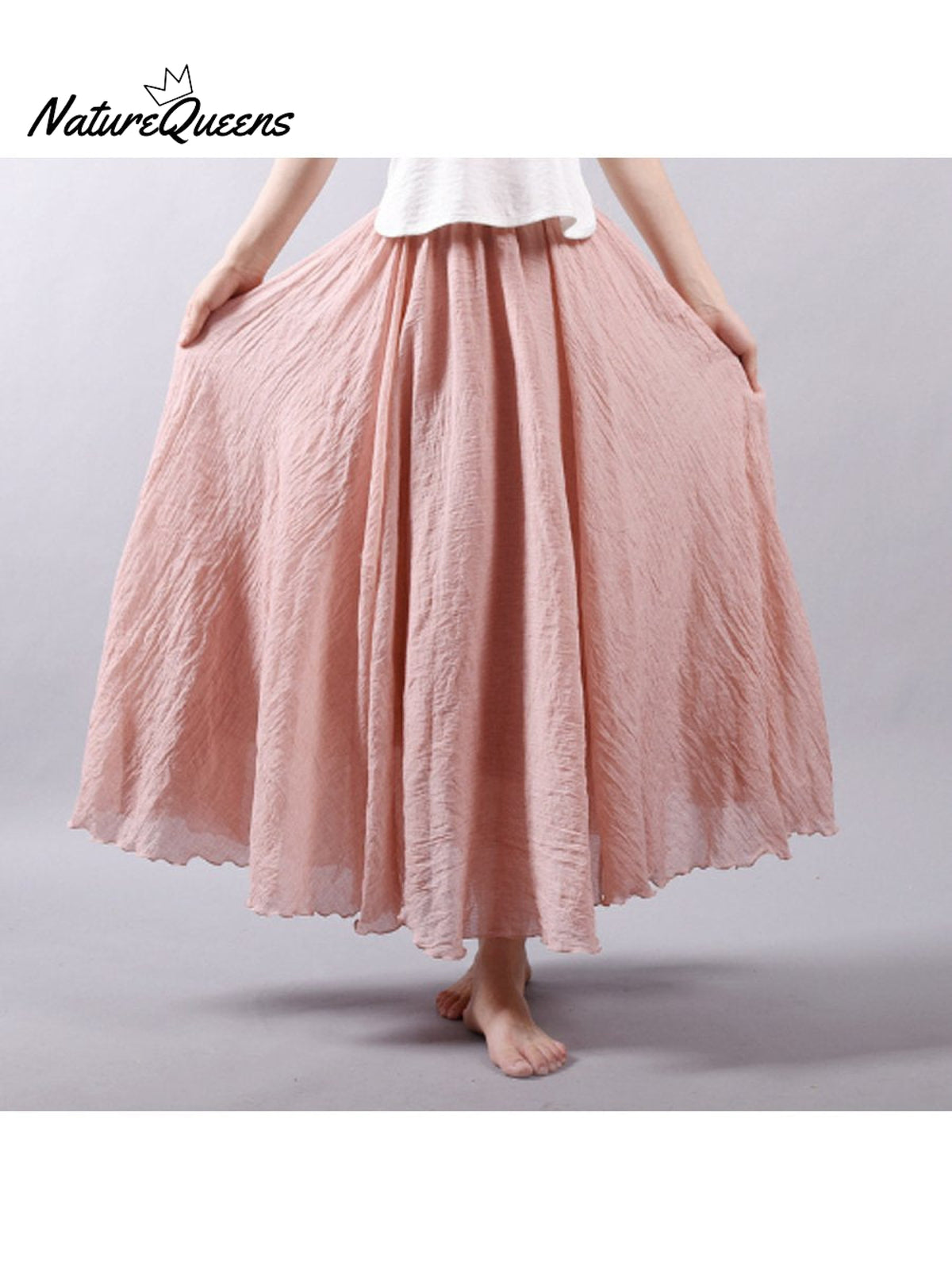 Women’s Cotton Linen Skirt Casual Elastic High Waist Pleated A-Line Beach Skirts