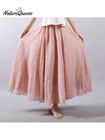 Women’s Cotton Linen Skirt Casual Elastic High Waist Pleated A-Line Beach Skirts