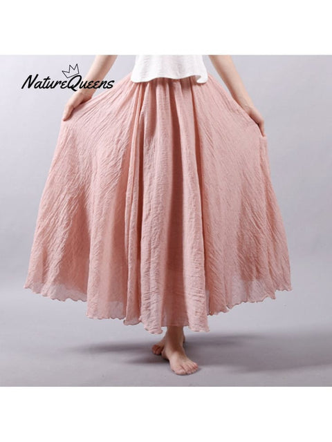 Women’s Cotton Linen Skirt Casual Elastic High Waist Pleated A-Line Beach Skirts