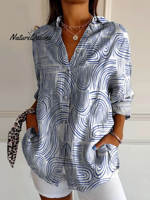 Hand Drawn Line Arc Arrangement Decorative Pattern Casual Cotton Shirt