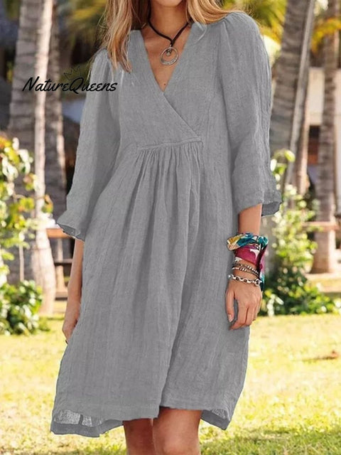 Women's Cotton and Linen Solid Color Seven-Quarter Sleeve Midi Dress