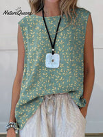 Women’s Retro Elegant Floral Art Print Casual Cotton And Linen Tank Top Green / S