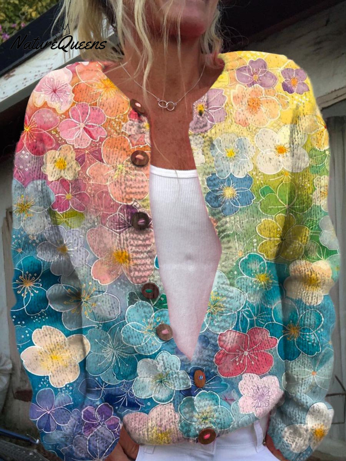 Women's Lovely Floral Art Print Buttoned Cardigan Sweater