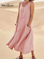 Women Sleeveless Sundress Elegant Round Neck Cotton Linen Solid Long Tank Casual Summer Dress Pink
