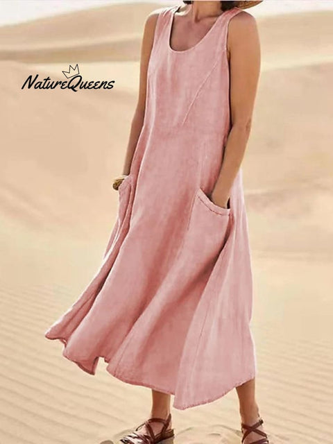 Women Sleeveless Sundress Elegant Round Neck Cotton Linen Solid Long Tank Casual Summer Dress Pink