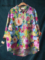 Women's Colorful Flower Print Casual Cotton And Linen Shirt
