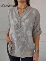 Women's Art Print Casual Cotton And Linen Henry Collar Shirt