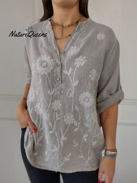 Women's Art Print Casual Cotton And Linen Henry Collar Shirt