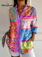 Flower Art Printed Women's Casual Cotton Shirt