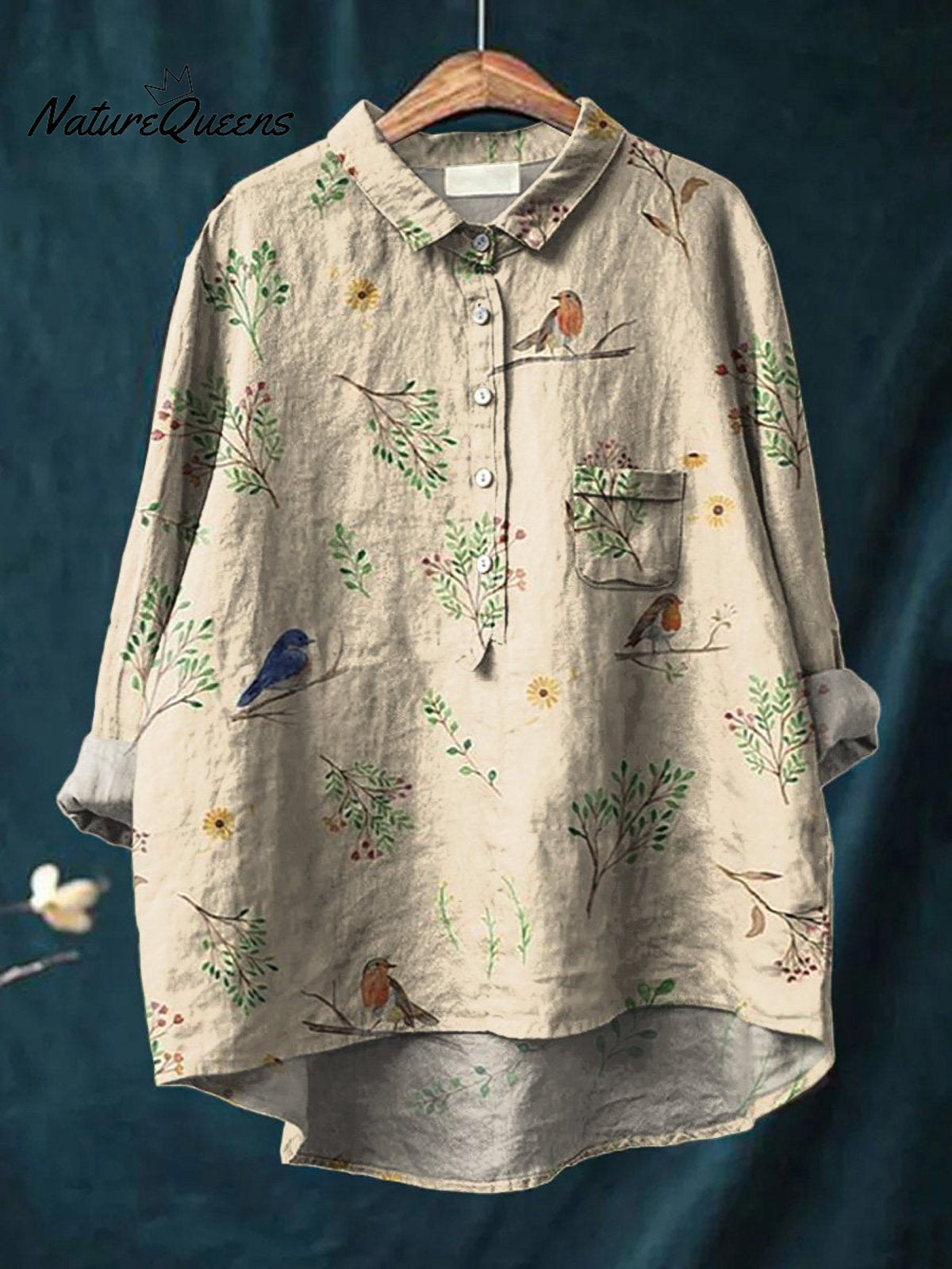 Boughs And Robin Birds Pattern Printed Women's Casual Cotton And Linen Shirt