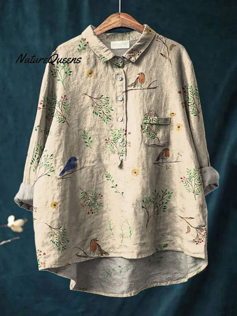 Boughs And Robin Birds Pattern Printed Women's Casual Cotton And Linen Shirt