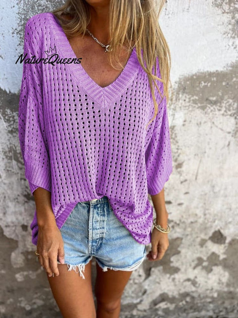 Women's Solid Color Stylish Hollow Long-sleeved V-neck Casual Knitted Top
