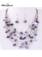 Bohemian Crystal Layered Necklace And Earrings Set Purple / Onesize