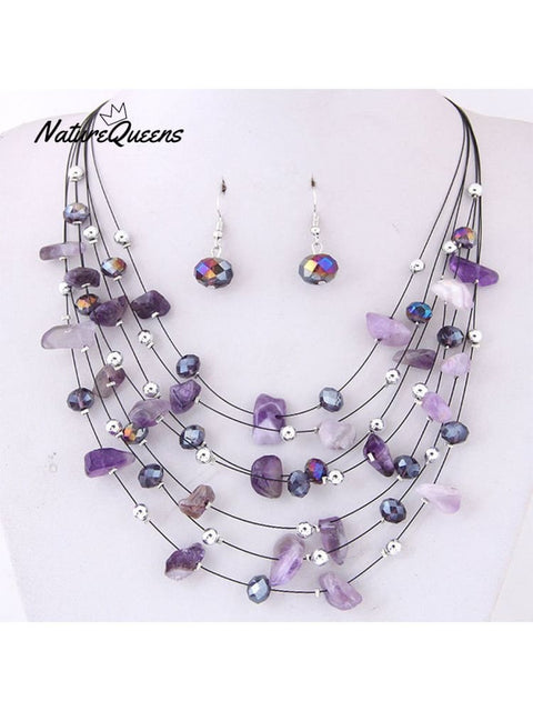 Bohemian Crystal Layered Necklace And Earrings Set Purple / Onesize