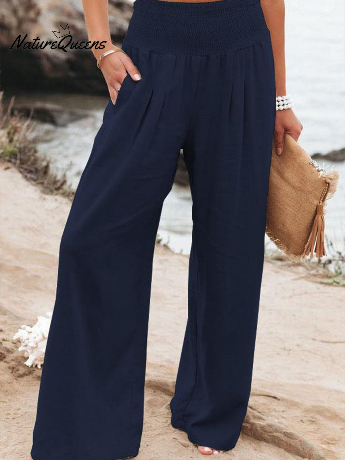 Women’s Cotton And Linen Elasticated Waist - Waisted Wide - Leg Pants Navy Blue / S