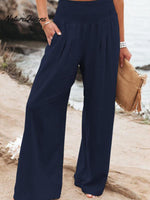 Women’s Cotton And Linen Elasticated Waist - Waisted Wide - Leg Pants Navy Blue / S
