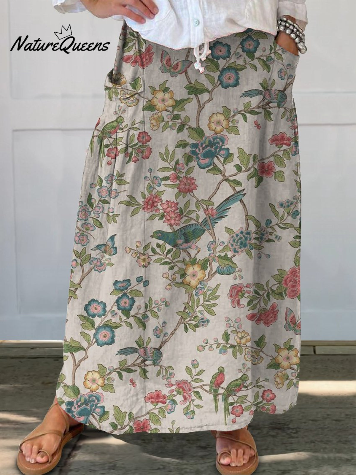 Vintage Vine Bird Print Women’s Linen Elastic Waistband Pocket Skirt Multicolor / S