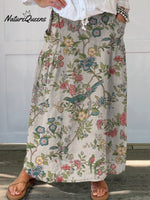Vintage Vine Bird Print Women’s Linen Elastic Waistband Pocket Skirt Multicolor / S