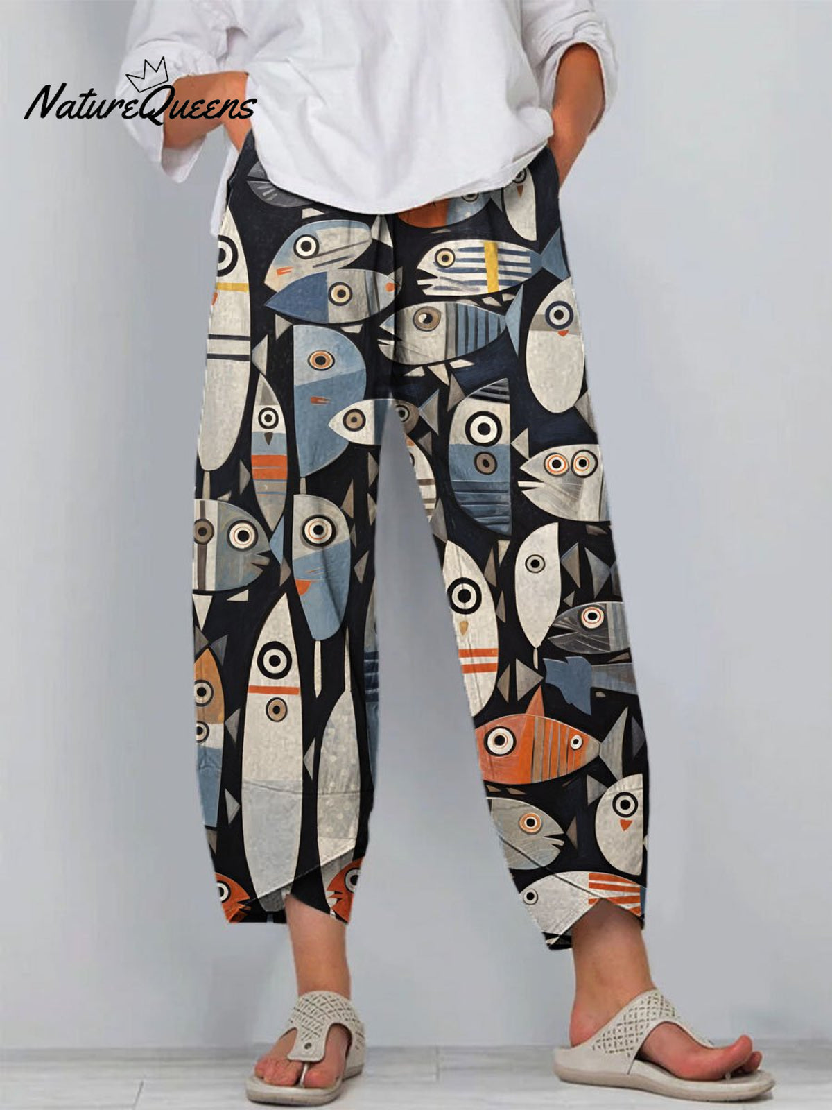 Women's Vintage Lovely Fish Art Printed Cotton And Linen Casual Pants