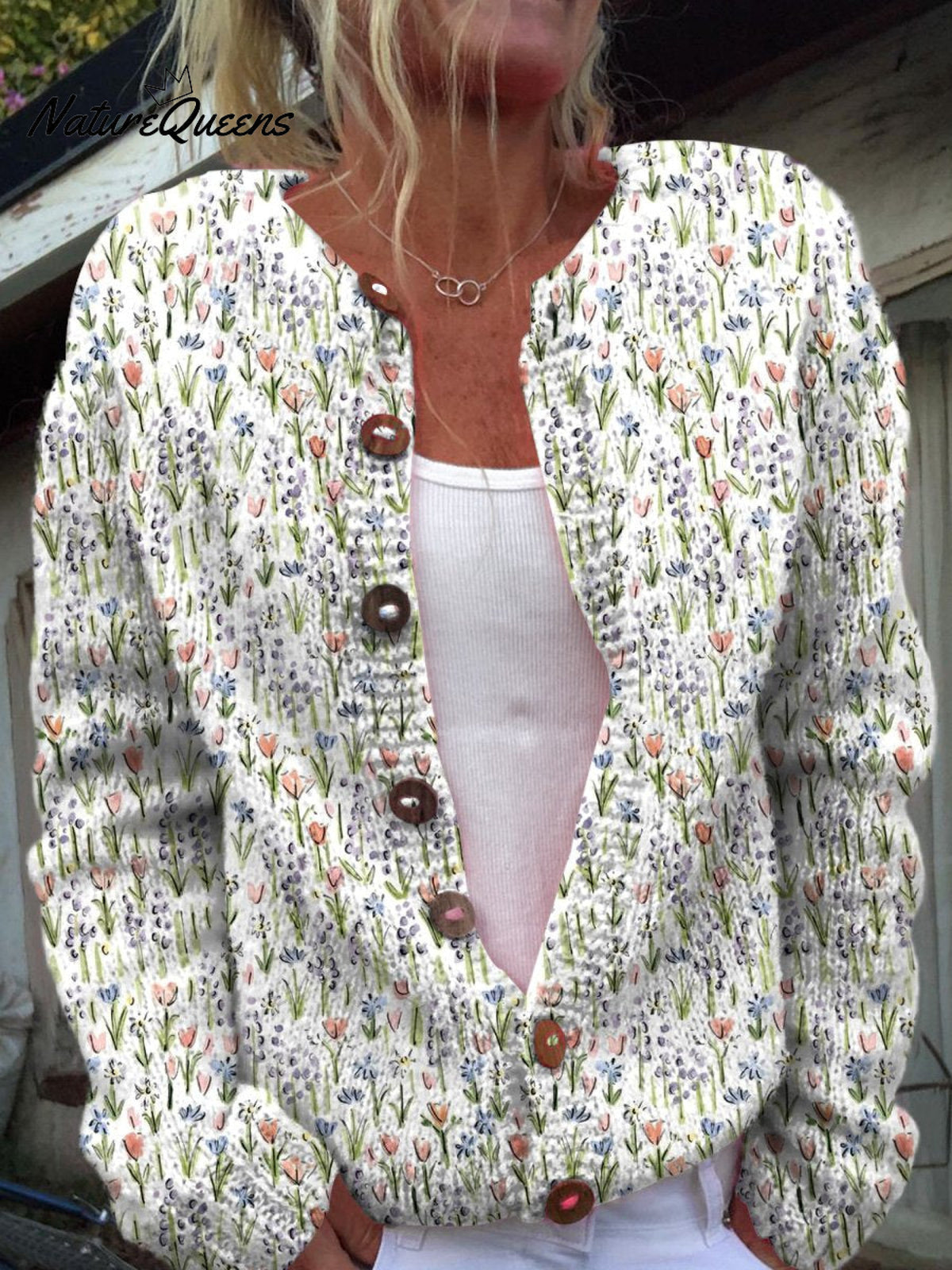 Spring Meadows Floral Repeat Pattern Printed Buttoned Cardigan Sweater