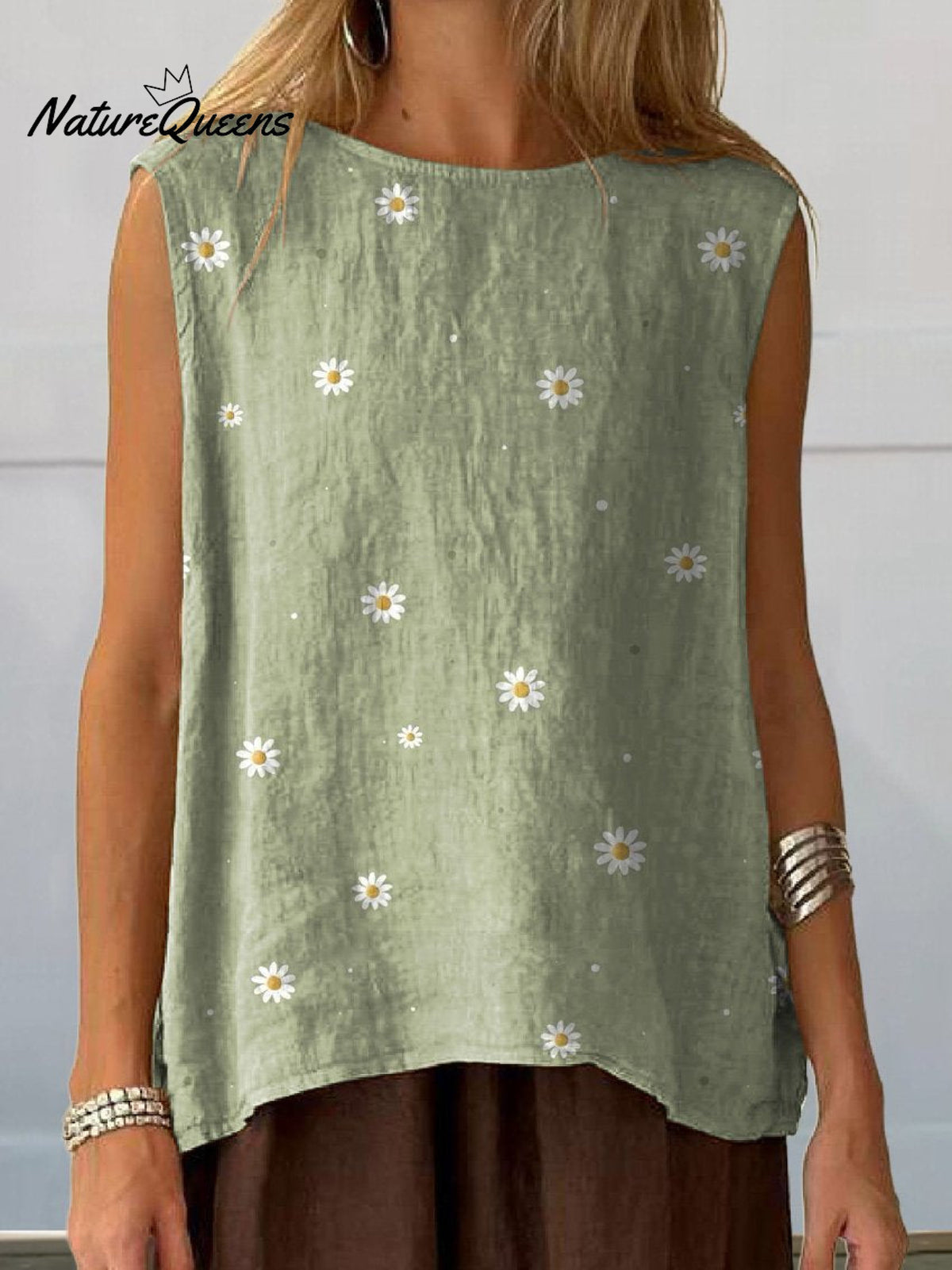 Simple Daisy Field Pattern Printed Women's CasualCotton And Linen Tank Top