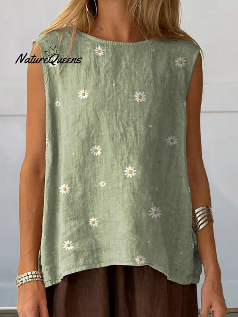 Simple Daisy Field Pattern Printed Women's Casual  Cotton And Linen Tank Top