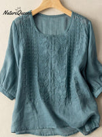 Women's Embroidered Cotton And Linen Lace Patchwork Shirt