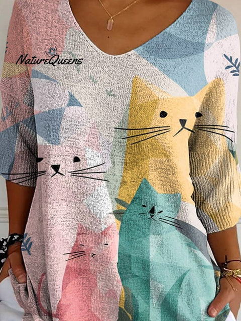 Women's Lovely Cats Art Print Casual Pullover Knit