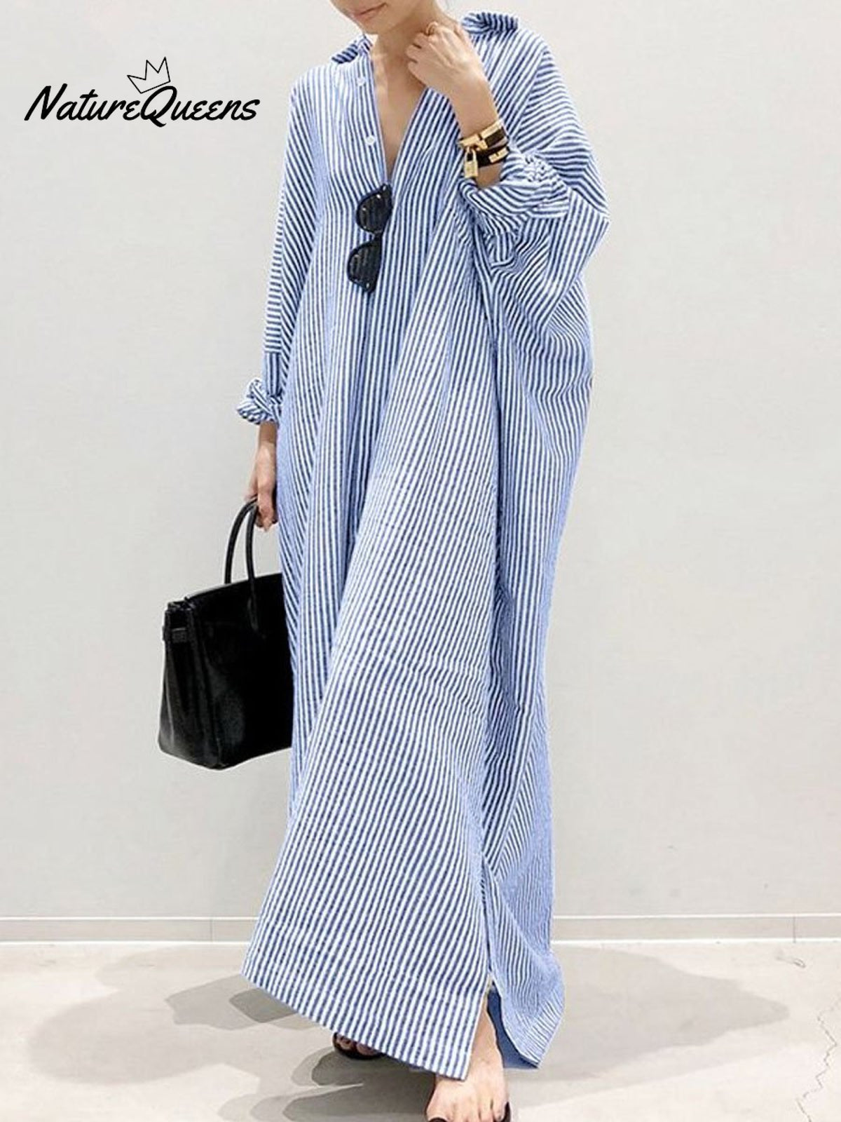 Women’s Elegant Cotton Linen Striped Cardigan Loose Casual Irregular Dress Blue / S