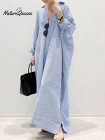Women’s Elegant Cotton Linen Striped Cardigan Loose Casual Irregular Dress Blue / S