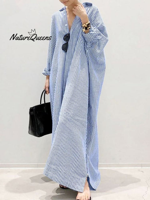 Women’s Elegant Cotton Linen Striped Cardigan Loose Casual Irregular Dress Blue / S