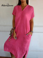 Women’s Cotton And Linen V - Neck Short Sleeve Slit Dress Pink / S