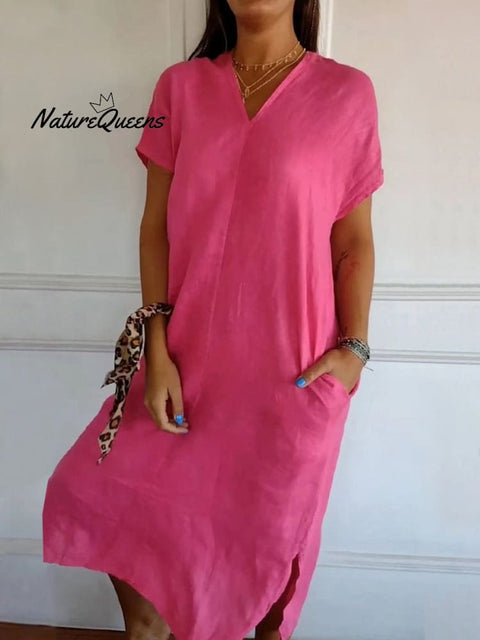 Women’s Cotton And Linen V - Neck Short Sleeve Slit Dress Pink / S