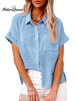 Women’s Solid Color Button Down Short Sleeve Shirt Azure Blue / S