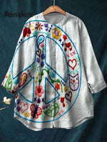 Women's Vintage Peace Art Print Casual Cotton And Linen Shirt