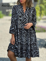 V-Neck Flare Sleeve Pattern Print Summer Dress