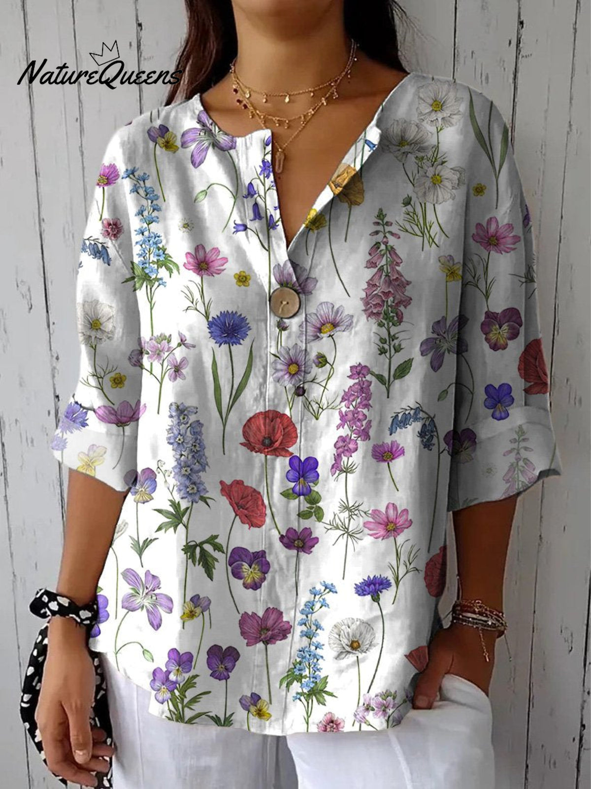 Spring Botanical Garden Pattern Printed Women's Casual Cotton Linen Shirt