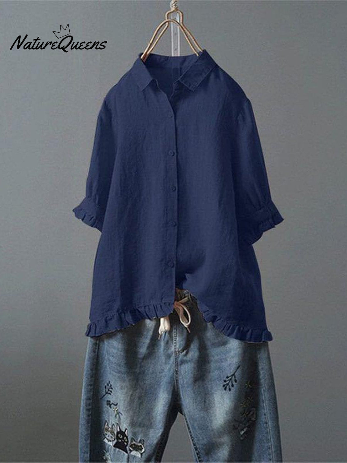 Women's Cotton and Linen Casual Single-Row Button Ruffle Shirt