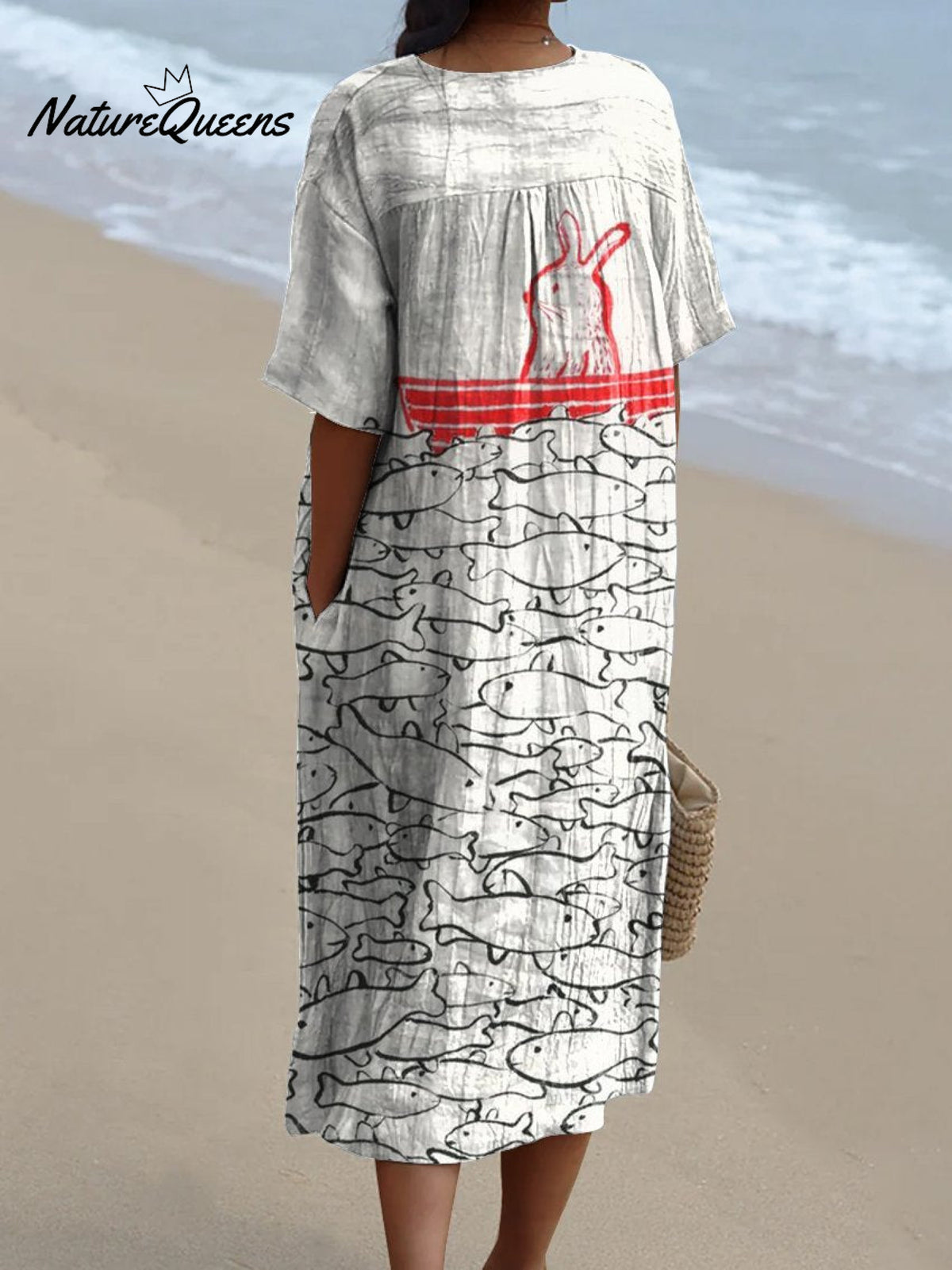 Women's Rabbits and Schools of Fish On A Boat Watercolor Splash Fluid Art Print Flowy Dress