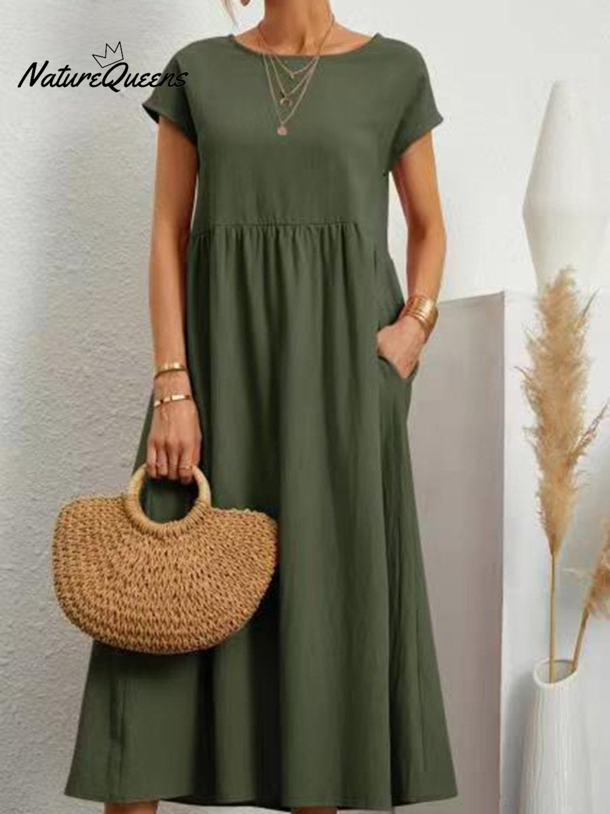 Women’s Solid Color Cotton Linen Round Neck A - Line Dress Green / S
